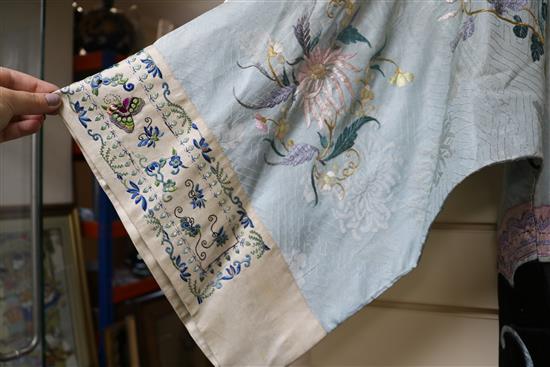 A Chinese embroidered silk robe, eau de nil ground, late Qing